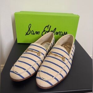 NWT Sam Edelman Cream and Blue Striped Canvas Loafers Gold Bit in Box Size 7